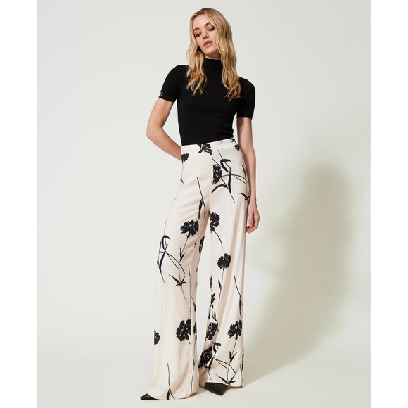 Twin-Set Pants - TWINSET Milano Palazzo Womens US4 IT40 Pants Cream Black Floral Print Wide Leg